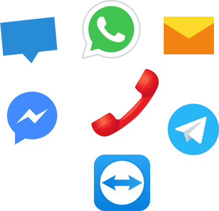 Supportkanalen - WhatsApp, telefoon, e-mail, Messenger, Telegram, TeamViewer
