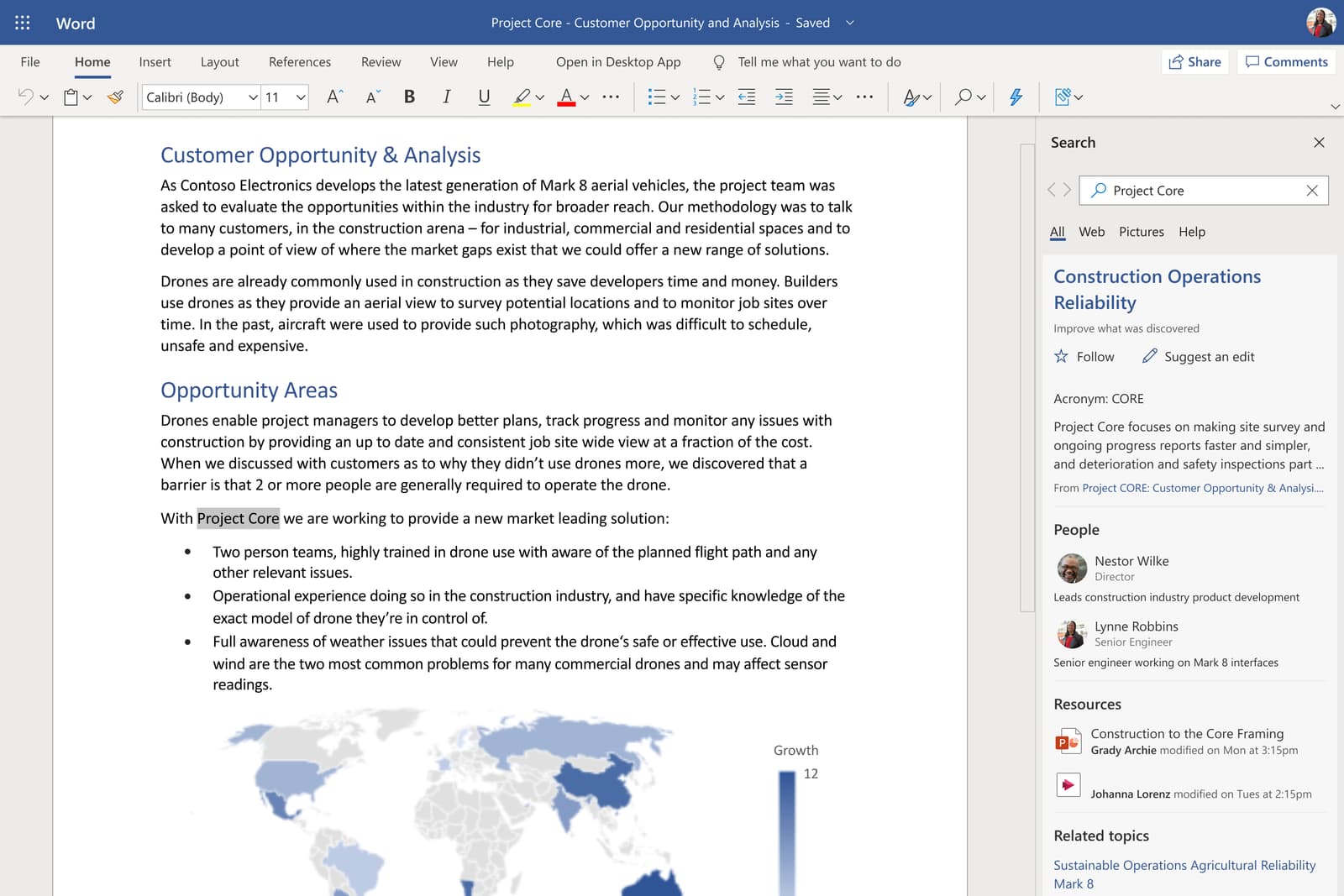 Microsoft Word — Programmoberfläche mit geöffnetem Dokument, Ribbon-Menüband und Smart-Lookup-Seitenpanel